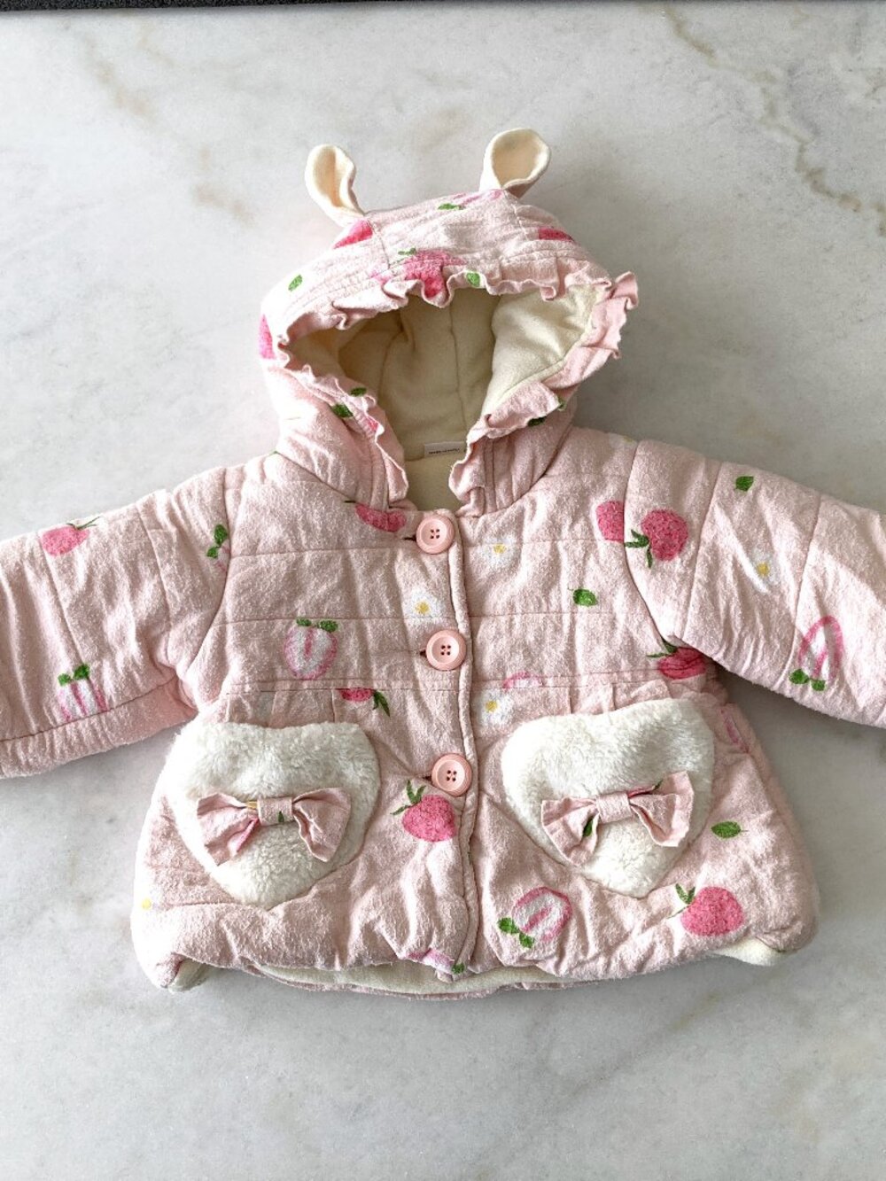Baby / toddler pink jacket / coat, strawberry print / pattern, ears bows ruffles